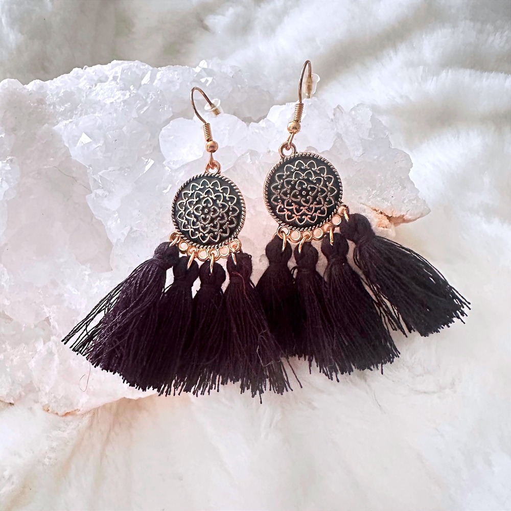 Bohemian Black Tassel Earrings Mandala Charm Dangle Drop Boho